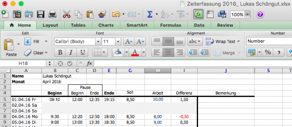 Zeiterfassung mit Excel Vorlage